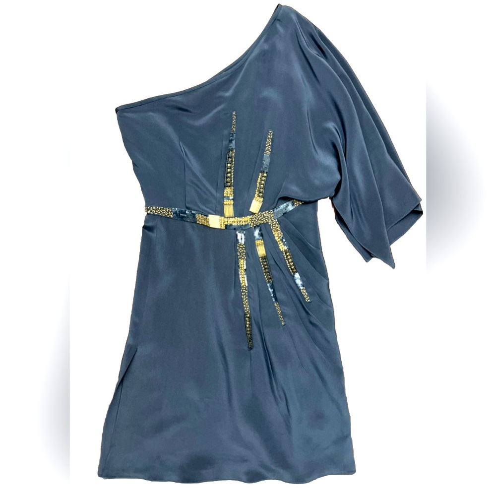 Ranna Gill Blue One Shoulder Dress with Gold Accents